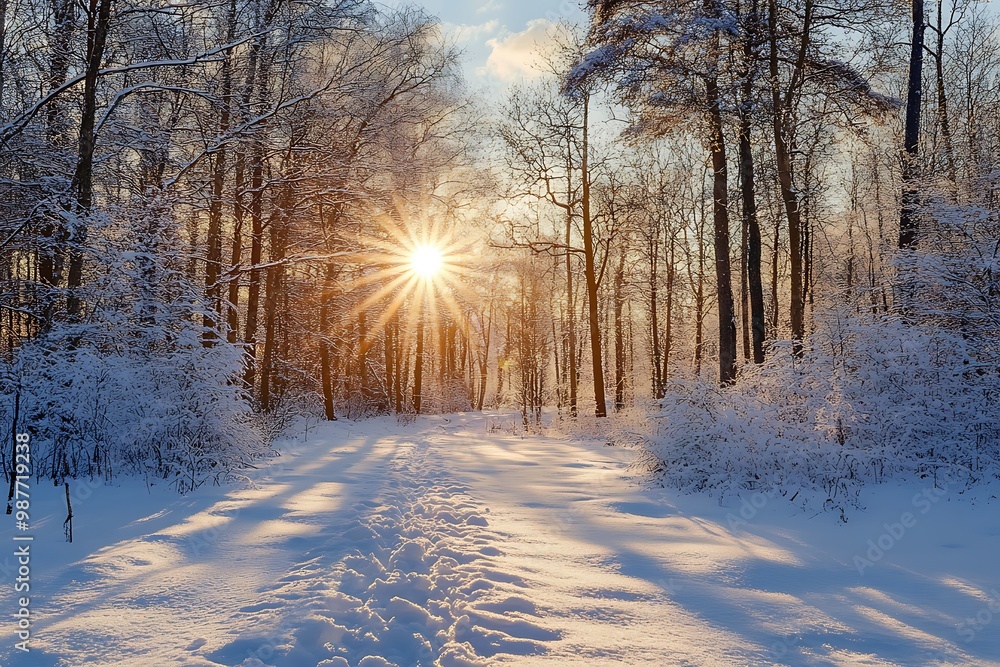 Poster Winter Sunset in Forest with Snow Covered Trees