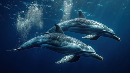 Fototapeta premium Two Dolphins Swimming Underwater with Sunlit Reflections, Captured in a Calm Ocean Scene