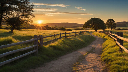 Fototapeta premium Beautiful rural landscape with a dirt road, large tree, fencing, and a sunset sky, lush green grass.