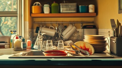 Messy Kitchen Sink with Dirty Dishes and Utensils