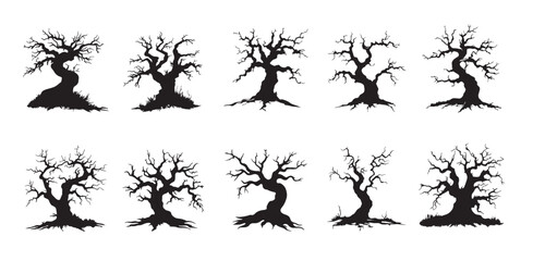A series of isolated illustrations of twisted trees, rendered in intricate black silhouettes, highlighting various Halloween-themed shapes and artistic forms.