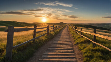 Obraz premium Sunset over a countryside dirt road with wooden fences and lush grass on both sides in summer.