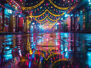 banner background of Navratri Day, [A mesmerizing portrayal of lights adorning the streets, with reflections in puddles creating a magical ambiance during the festival nights] 