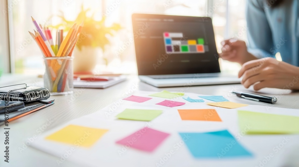 Poster creative workspace with notes and laptop displaying colors