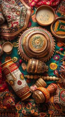 banner background of Navratri Day, a detailed view of traditional musical instruments like dhol and nagada beautifully arranged against a vibrant backdrop of ethnic textile