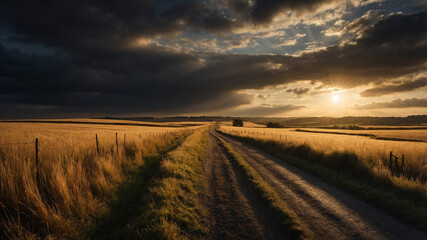Winding road through rolling hills under dramatic sunset sky with golden fields and scattered trees.