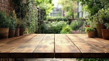 Wooden Tabletop with Blurred Garden Background and Potted Plants