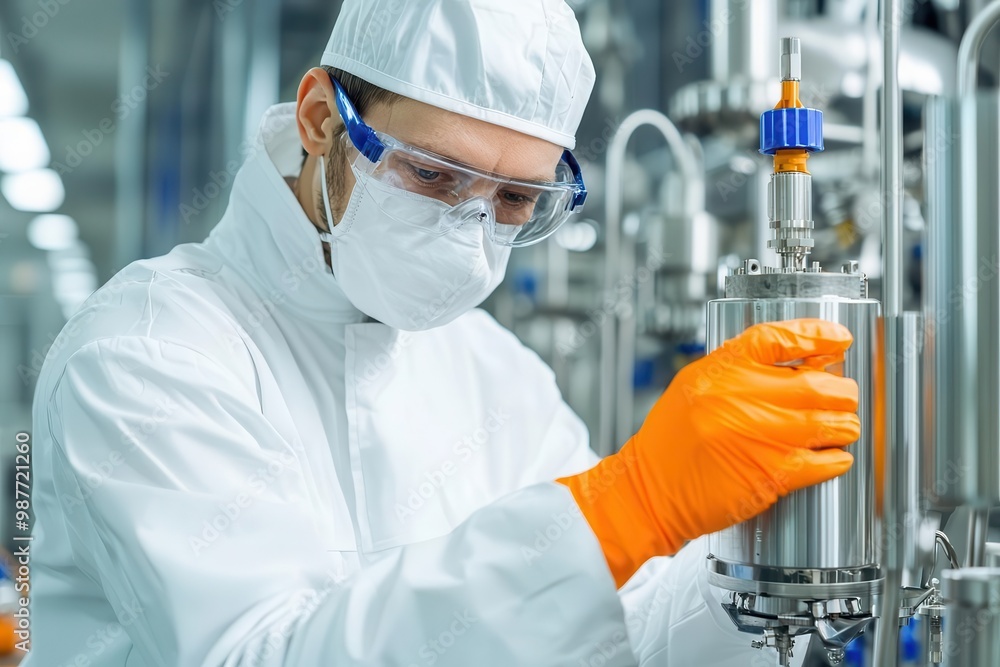 Poster a production facility worker testing the durability of a product using specialized equipment, symbol