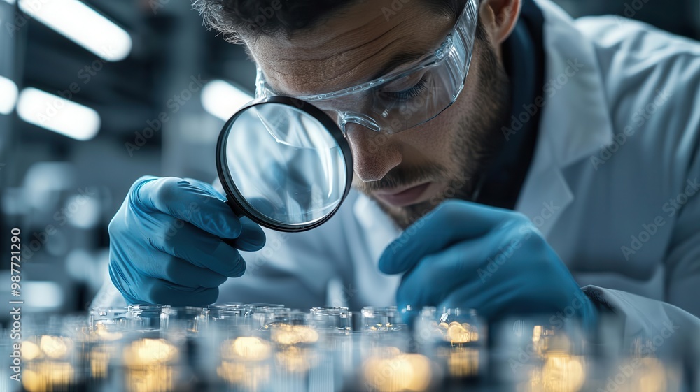 Poster a quality control inspector using a magnifying glass to check for small defects on a product, symbol