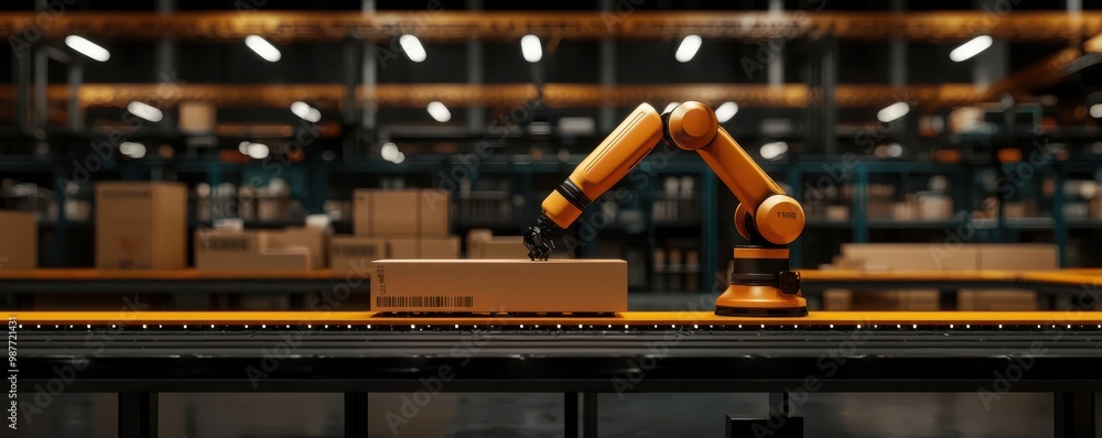 Poster creative shot of a robotic arm in a factory checking products for quality, symbolizing automation in