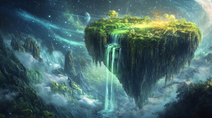Obraz premium Fantasy Island and Waterfall in Swirling Lights