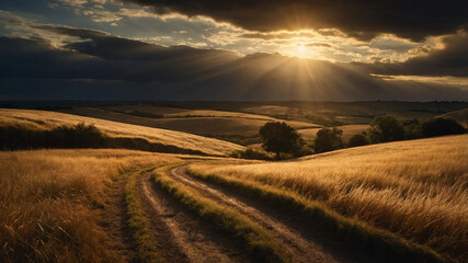 Fototapeta premium Winding road through rolling hills under dramatic sunset sky with golden fields and scattered trees.