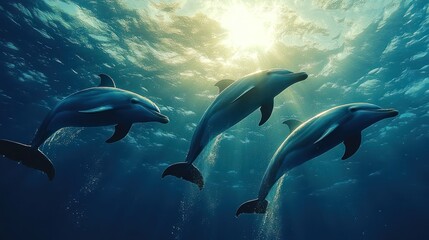 Fototapeta premium Three Dolphins Swimming Gracefully Underwater with Sunlight Rays Penetrating the Ocean Surface