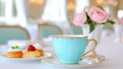 Fototapeta premium Elegant Teacup with Pastries and Flowers on a Table
