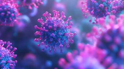 A colorful, close-up representation of virus particles, showcasing intricate structures in shades of blue and pink against a soft background.