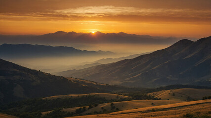 Fototapeta premium A stunning sunset over a series of lush mountain ranges with mist and golden sky, filling the horizon.