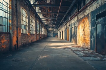 Empty Abandoned Industrial Warehouse Interior with Brick Walls, Metal Beams and Sunbeams Shining Through Windows