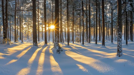 Sunlight in Snowy Forest During Winter