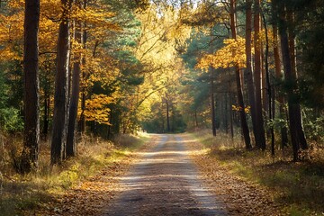 Fototapeta premium Sunlit path through autumn forest with golden leaves and trees.