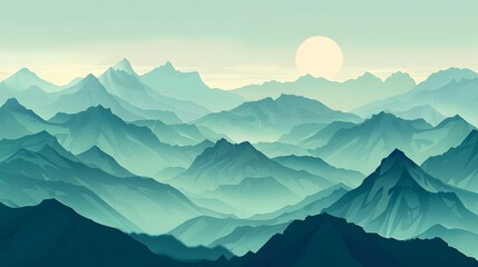 Obraz premium A hazy, sunlit mountain range with peaks bathed in teal hues.