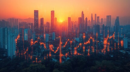 Real estate market crash and economy crisis concept. Real estate investment concept with financial chart candlestick on modern skyscraper background.