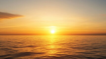 Naklejka premium A serene sunset over calm ocean waters, casting warm golden hues across the sky and reflecting a peaceful ambiance.