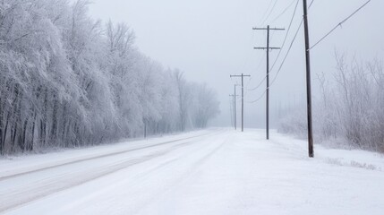 A snowy road stretches into the distance, flanked by snow-covered trees and utility poles under a gray, overcast sky.