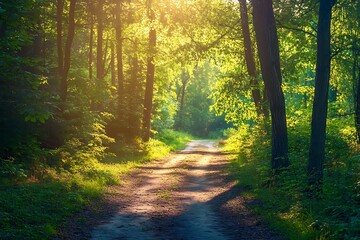 Obraz premium Sun shining through trees on dirt path in lush green forest