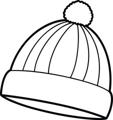 Kids Winter Hat with Pom Pom Thin Line Vector Illustration to Color
