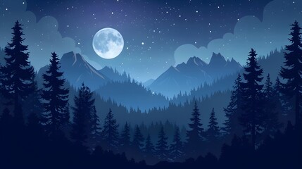 A Silhouetted Forest Under a Full Moon and a Starry Sky