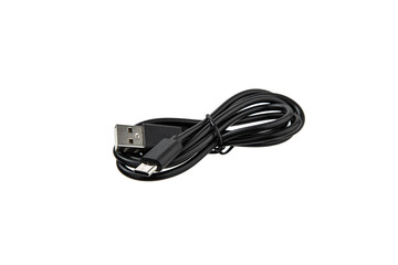 A black USB cable is coiled up on a white background. The cable has a standard USB-A connector on one end and a USB type-c connector on the other