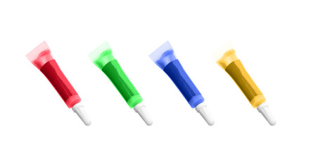 Four small plastic tubes filled with colorful liquid are lined up against a white background. The tubes have a pointed tip for precise application and are sealed at the top