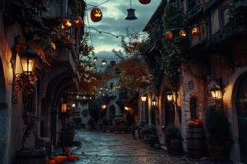halloween european town atmosphere, wide angle street view with festive decoration