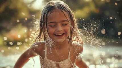 Fototapeta premium A little girl runs through a sprinkler in the garden