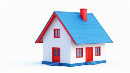 A colorful model of a house with a blue roof and red accents.