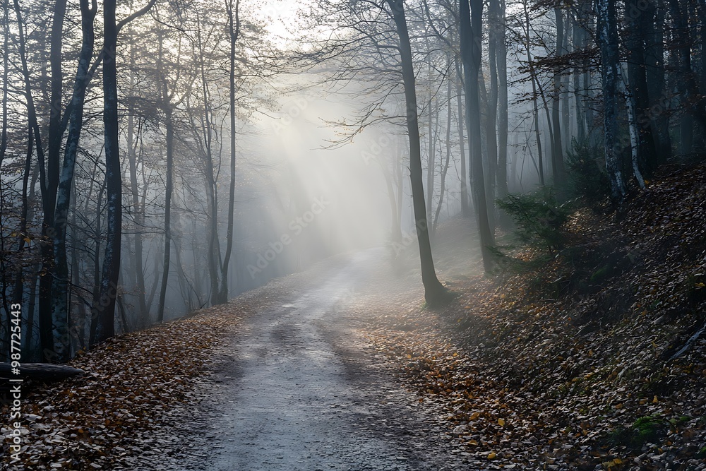 Poster mysterious forest path with fog and sunlight