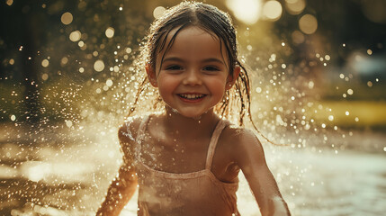 Obraz premium A little girl runs through a sprinkler in the garden