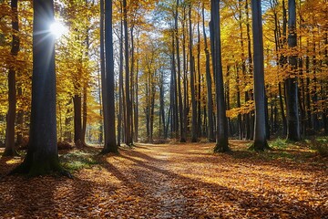 Obraz premium Sun shining through the leaves of trees in an autumn forest with path