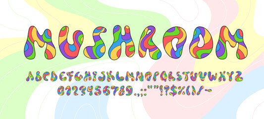 Rainbow groovy font, psychedelic type, retro 60s hippie typeface, bold wavy alphabet letters and numbers with vector funky pattern of colorful swirls. English abc characters groovy font or hippy type