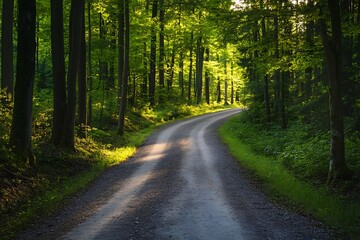 Sunlit Winding Road Through Lush Green Forest
