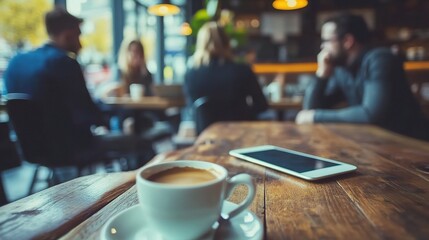 Coffee Break Connection: A warm cup of coffee sits invitingly on a rustic wooden table in a bustling cafe, with blurred silhouettes of people enjoying conversations in the background. 