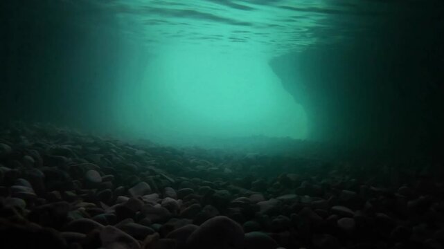Cave diving submerged sea cave exit seen from inside