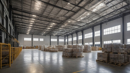 Obraz premium Vast empty warehouse with boxes stacked along the walls, under a high ceiling with skylights and pillars.
