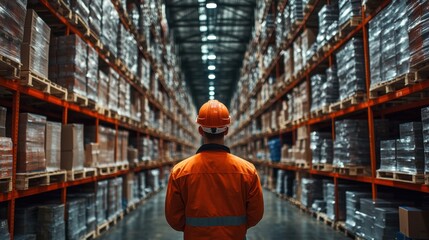 Warehouse Worker in Orange Suit Stands in an Aisle