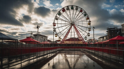Empty amusement park with Ferris wheel against dramatic cloudy sky in the background reflecting on wet ground.
