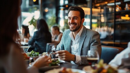 Business Lunch Laughter: A handsome businessman enjoys a lively conversation and delicious food at a bustling restaurant.