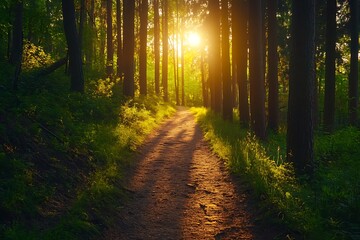 Fototapeta premium Sunbeams through trees in forest at sunset, golden light path