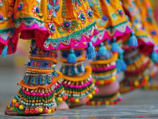 Fototapeta premium banner background of Navratri Day, [A detailed close-up of a pair of dancersâ€™ feet in colorful ghagras and chudidars, capturing the intricate footwork of Garba and Dandiya, emphasizing rhythm