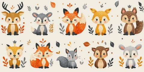 Obraz premium Cute cartoon animals in a forest setting with leaves and hearts.