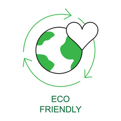 Vector icon for Eco-Friendly. Icon of the Earth with a heart and recycling arrows, symbolizing eco-friendly and sustainable products.
